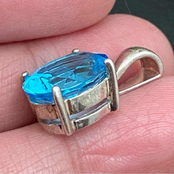 Vintage Sterling Silver SCBS 925 Oval Blue Topaz CZ Cubic Zirconia Pendant 3.2g - Picture 5 of 16